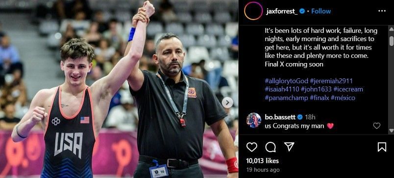 Screenshot of Bo Bassett's comment on Jax Forrest's Instagram post (@jaxforrest_/ig)